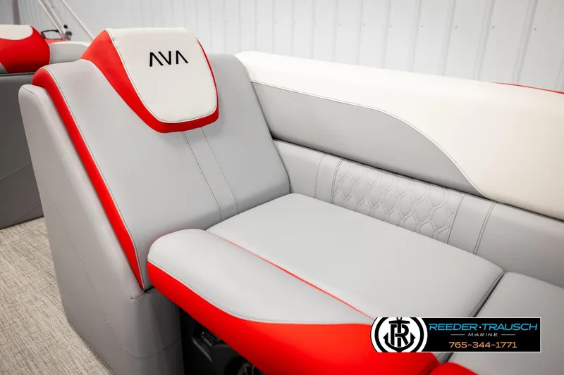 Slide: The Image of 2026 Avalon LSZ VRB boat seat with gray and red upholstery, Reeder-Trausch Marine logo. - 43