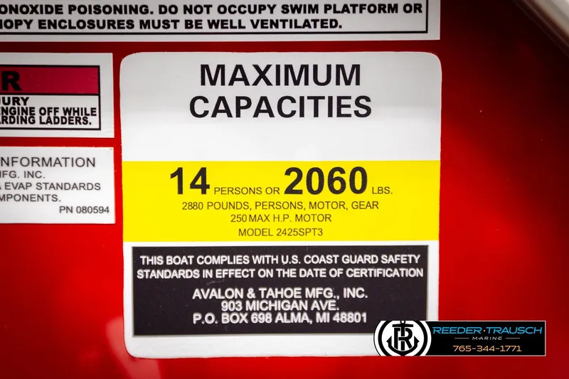 Slide: The Image of 2026 Avalon LSZ VRB boat capacity label, 14 persons or 2060 lbs, safety compliance. - 56