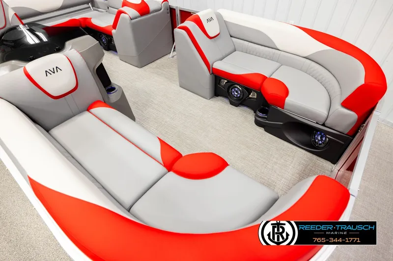 Slide: The Image of Luxurious 2026 Avalon LSZ VRB boat interior with red and gray seating, featuring modern design. - 9