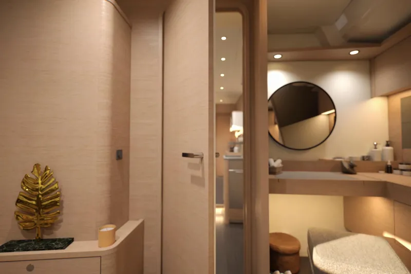 Slide: The Image of Luxurious interior of 2026 Dufour 54 yacht with modern decor and ambient lighting. - 14