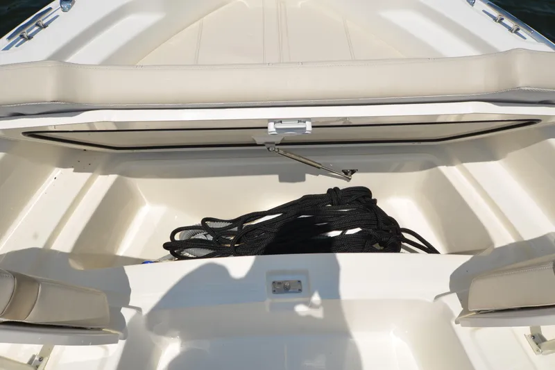 Slide: The Image of 2024 Boston Whaler Dauntless 250 storage compartment with black rope inside. - 18
