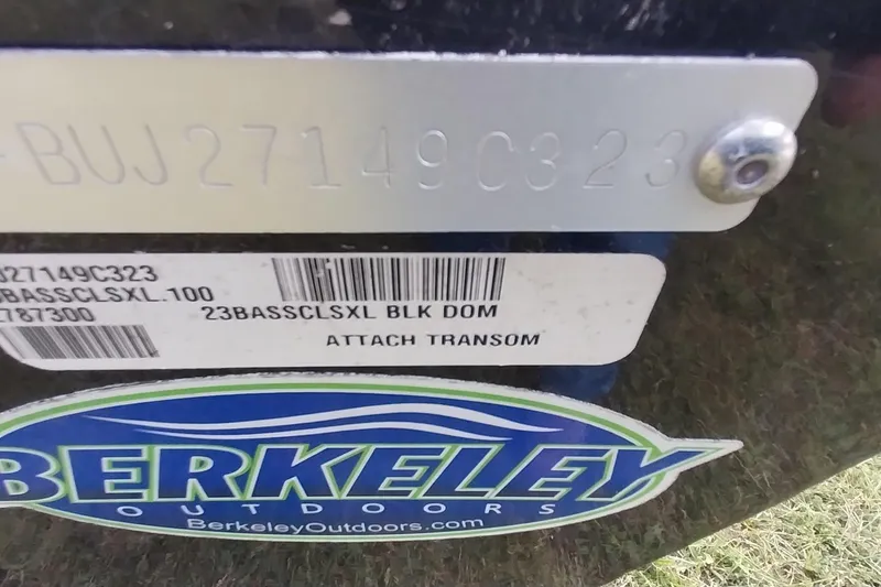Slide: The Image of 2023 Tracker Bass Tracker Classic XL transom with Berkeley Outdoors sticker and serial number. - 28