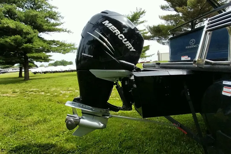Slide: The Image of 2022 Regency 250 DL3 with Mercury Verado outboard motor on grassy landscape. - 7