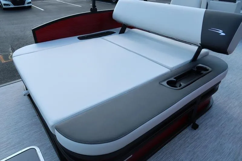 Slide: The Image of 2026 Bennington S Swingback 22 SSB SPS boat seating with cup holders, gray and white upholstery. - 24