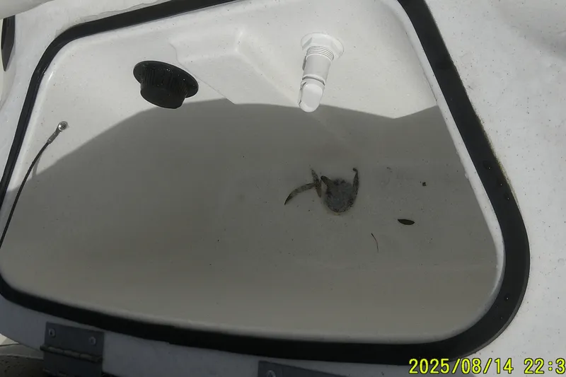 Slide: The Image of Livewell interior of 2024 Mako Pro Skiff 15 CC boat, showing drain and debris. - 13