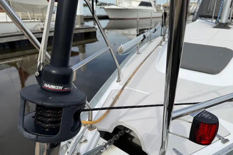 Slide: The Image of Close-up of a 2011 Catalina 355 sailboat deck with Harken equipment. - 19