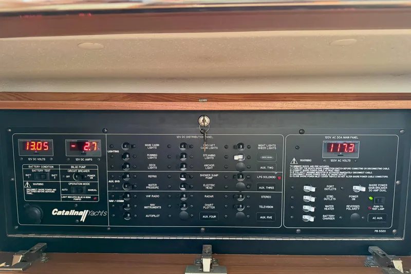 Slide: The Image of Electrical control panel of a 2011 Catalina 355 yacht, displaying voltage and circuit breakers. - 40