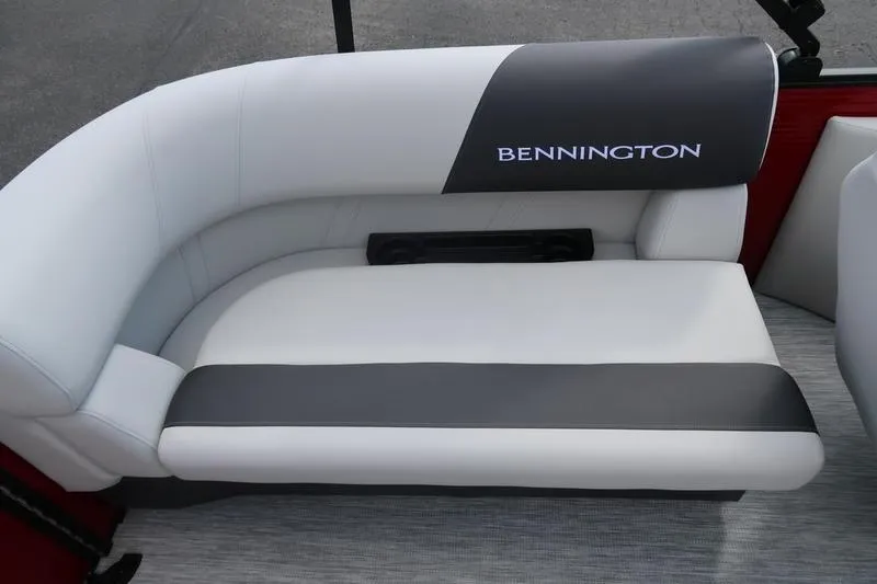 Slide: The Image of 2026 Bennington S Quad Bench 20 SSR boat seat, white and gray upholstery. - 12