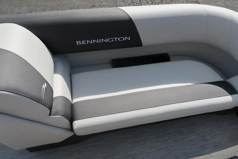 Slide: The Image of 2026 Bennington S Quad Bench 20 SSR boat seat, gray and white upholstery. - 14