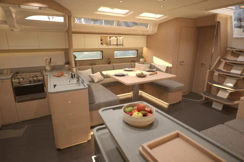The Image of Luxurious interior of 2026 Dufour 54 yacht with modern kitchen and dining area. - 0