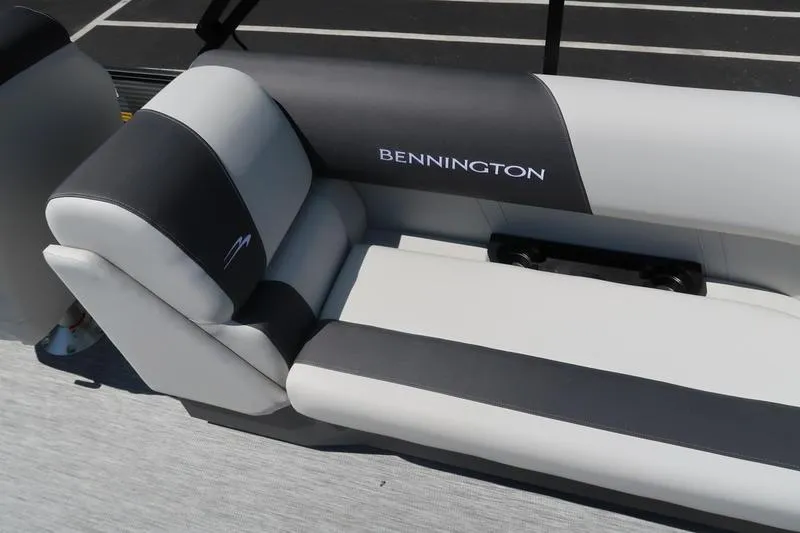Slide: The Image of 2026 Bennington S Quad Bench 22 SSR boat seat, gray and black upholstery. - 35