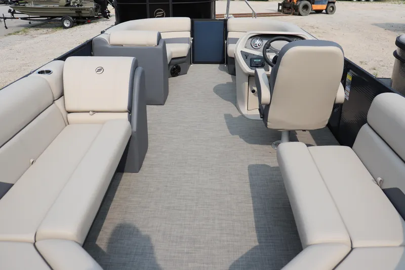 Slide: The Image of Spacious interior of 2025 Flagship Freedom 22 CU pontoon boat with plush seating. - 7