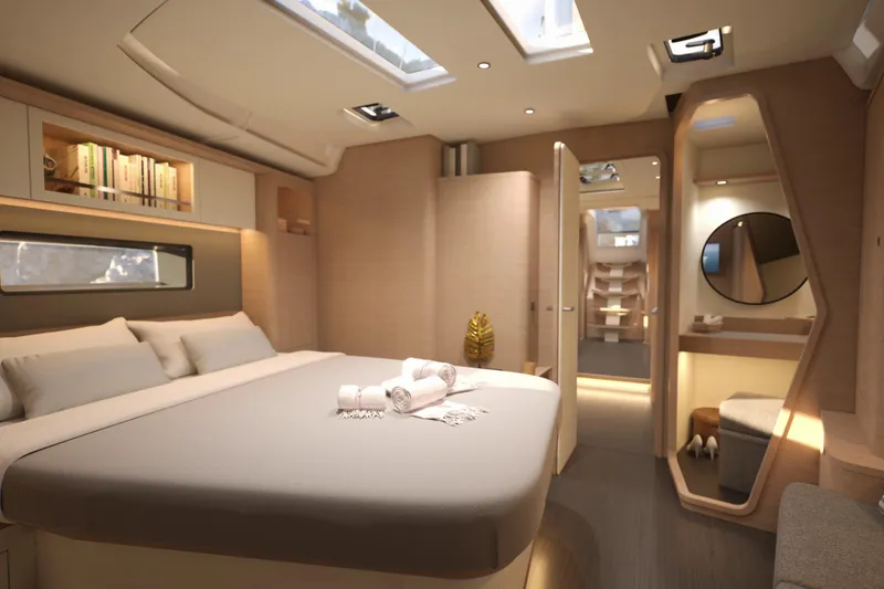 Slide: The Image of Luxurious interior of 2026 Dufour 54 yacht with elegant bedroom and modern design. - 13