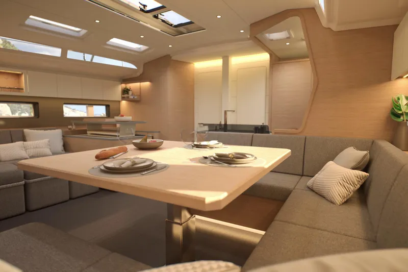 Slide: The Image of Luxurious interior of 2026 Dufour 54 yacht with elegant dining area and modern design. - 18