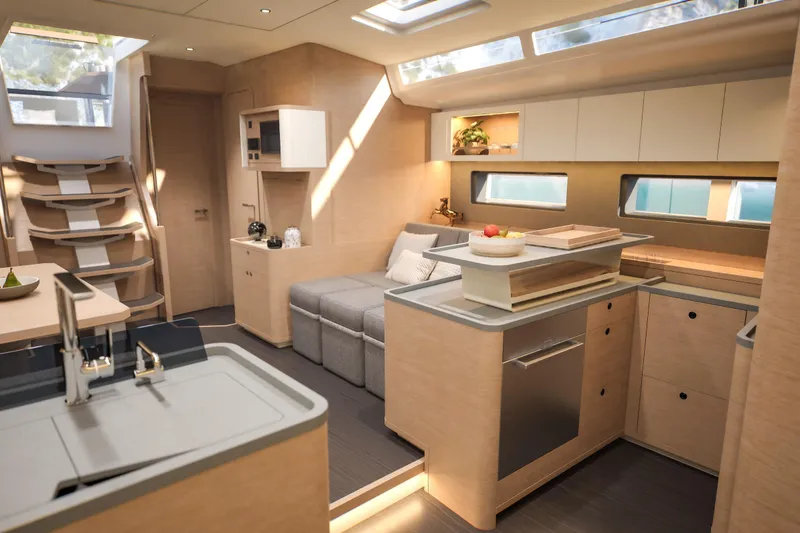 Slide: The Image of Luxurious interior of 2026 Dufour 54 yacht with modern kitchen and seating area. - 30