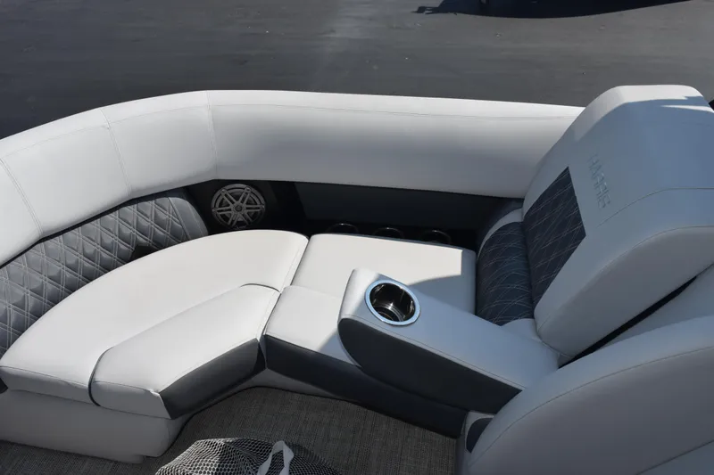 Slide: The Image of Luxurious seating on 2020 Harris Solstice 230 boat with cup holder and speaker. - 19