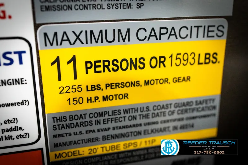 Slide: The Image of 2026 Bennington 21 SSR boat capacity label: 11 persons or 1593 lbs, 150 HP motor. - 59