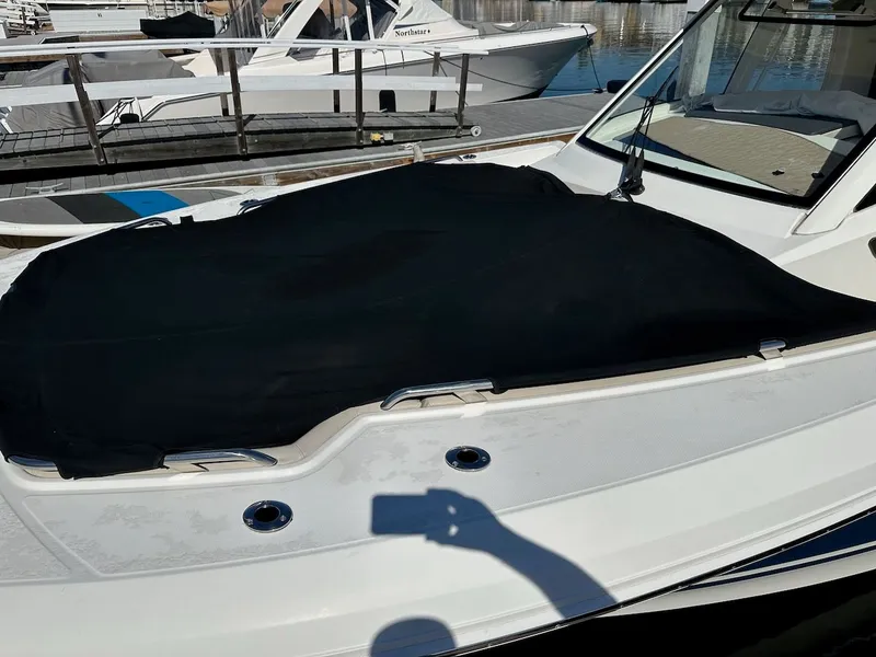 Slide: The Image of 2019 Boston Whaler 350 Realm boat with black cover at dock. - 45