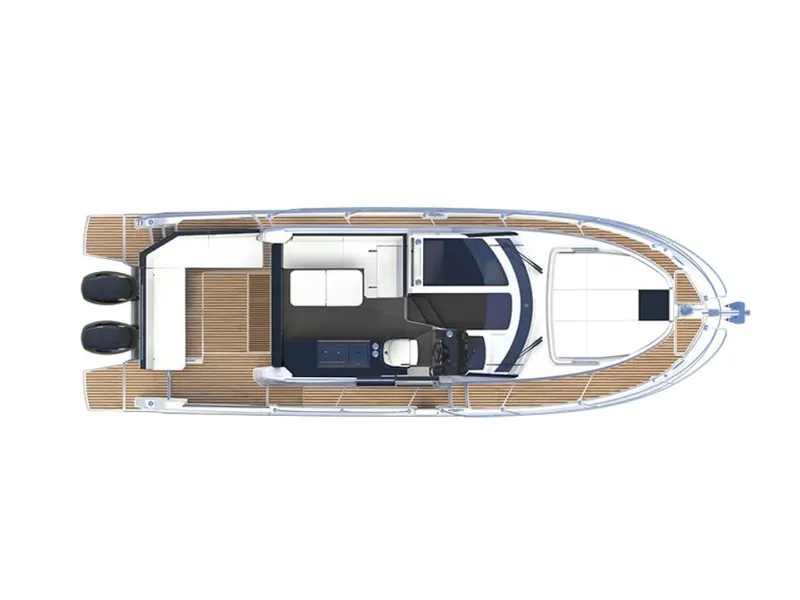 Slide: The Image of 2026 Beneteau Antares 11 Fly deck with cushioned sunbathing area, overlooking calm water. - 7