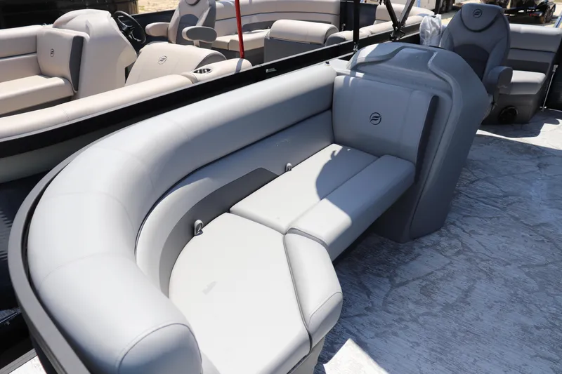 Slide: The Image of Luxurious seating on 2025 Flagship Freedom 20 CU Tritoon boat, featuring modern design and comfort. - 2