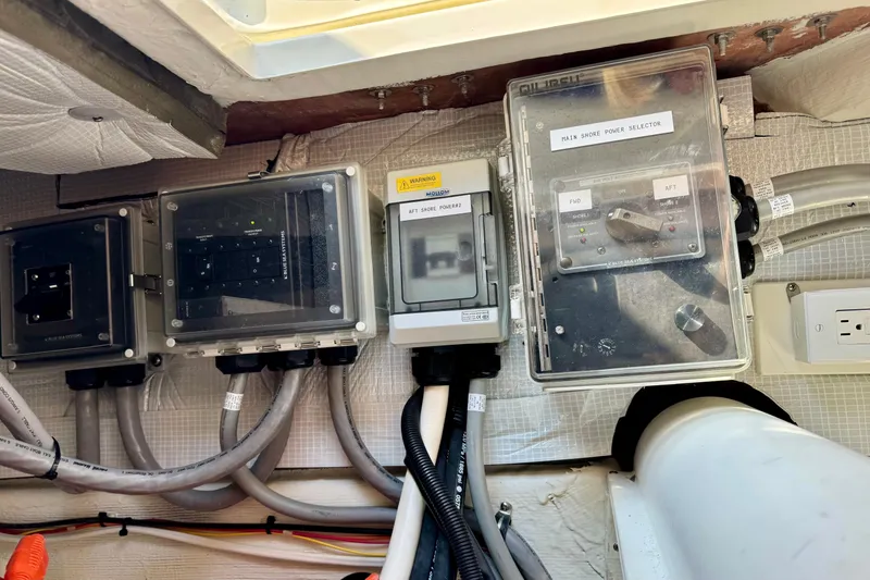 Slide: The Image of Electrical panel and wiring inside a 2016 Sabre Craft Salon Express boat. - 40