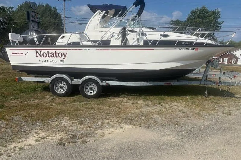 Slide: The Image of 2012 Boston Whaler 210 Montauk boat on trailer, labeled "Notatoy," Seal Harbor, ME. - 5