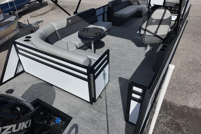 Slide: The Image of 2026 Viaggio Lago V 20 C pontoon boat interior with gray seating and modern design. - 6