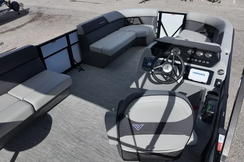 Slide: The Image of 2026 Viaggio Lago V 20 C pontoon boat interior with modern seating and steering console. - 7