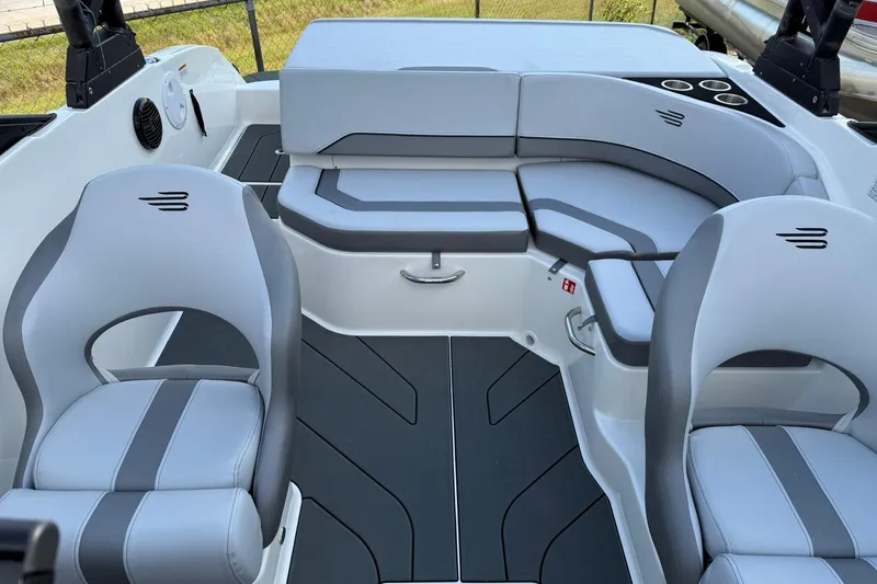 Slide: The Image of 2025 Bayliner V20i boat interior with modern seating and sleek design. - 6