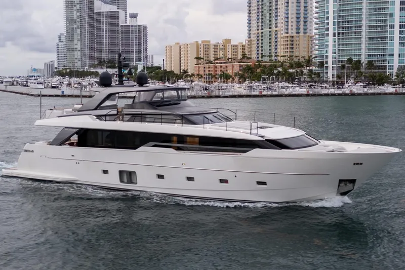The Image of 2021 Sanlorenzo SL96 yacht cruising near city skyline. - 0