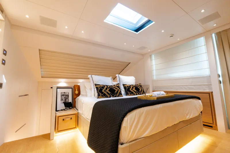 Slide: The Image of Luxurious bedroom interior of 2021 Sanlorenzo SL96 yacht with modern design and skylight. - 14