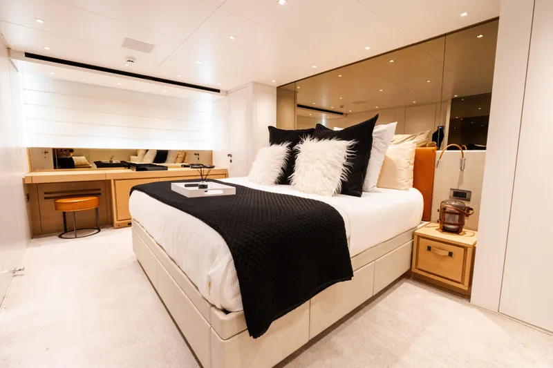 Slide: The Image of Luxurious bedroom interior of 2021 Sanlorenzo SL96 yacht with elegant decor and modern furnishings. - 19