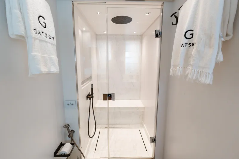 Slide: The Image of Luxurious shower in 2021 Sanlorenzo SL96 yacht with elegant white towels and modern fixtures. - 22