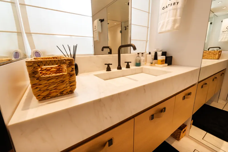 Slide: The Image of Luxurious bathroom on 2021 Sanlorenzo SL96 yacht with modern sink and elegant decor. - 23