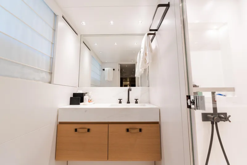 Slide: The Image of Modern bathroom interior on 2021 Sanlorenzo SL96 yacht, featuring sleek design and elegant fixtures. - 27