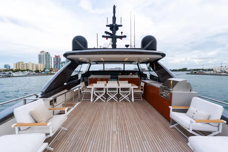 Slide: The Image of Luxurious 2021 Sanlorenzo SL96 yacht deck with seating and dining area, overlooking waterfront cityscape. - 47