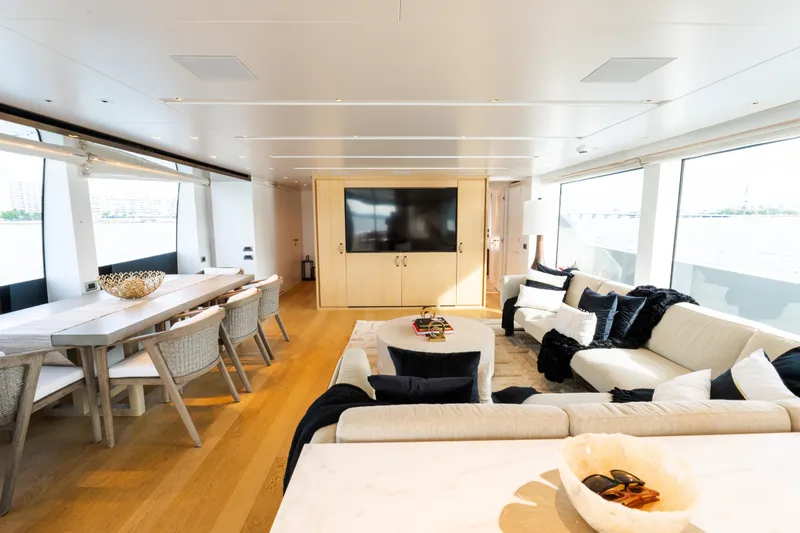 Slide: The Image of Luxurious interior of 2021 Sanlorenzo SL96 yacht with elegant seating and dining area. - 5