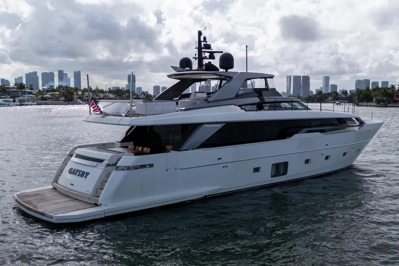 Slide: The Image of 2021 Sanlorenzo SL96 yacht on water with city skyline in background. - 54