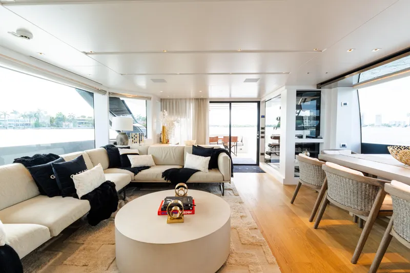 Slide: The Image of Luxurious interior of 2021 Sanlorenzo SL96 yacht with elegant seating and dining area. - 8
