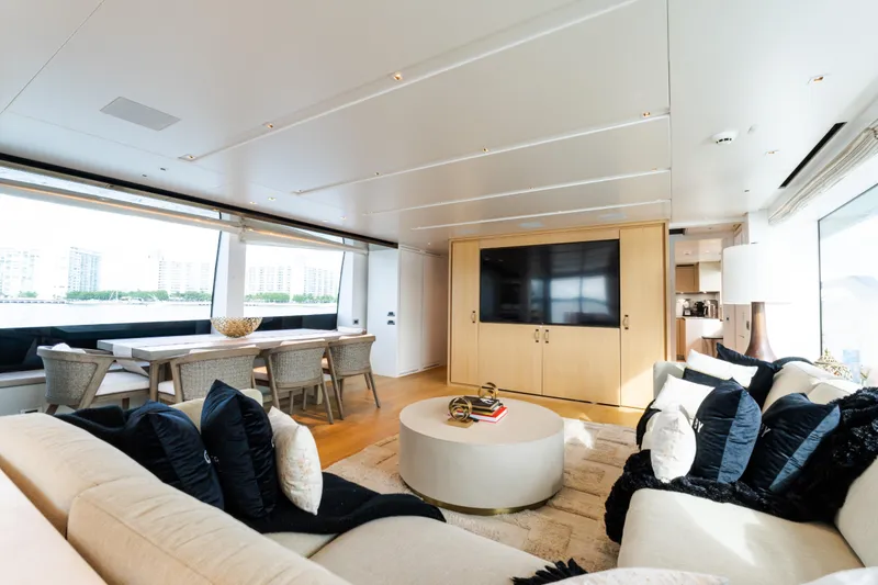 Slide: The Image of Luxurious interior of 2021 Sanlorenzo SL96 yacht with modern furnishings and large windows. - 9