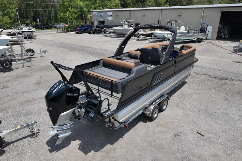 Slide: The Image of 2026 Viaggio Diamante 24 S pontoon boat with Mercury engine on trailer. - 4
