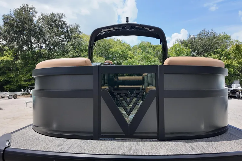 Slide: The Image of 2026 Viaggio Diamante 24 S pontoon boat, sleek design, outdoor setting. - 9