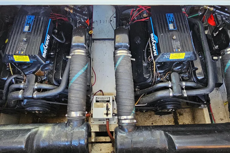 Slide: The Image of Engine compartment of 1995 Cruisers Yachts 3775 Esprit with twin MerCruiser engines. - 30
