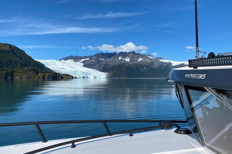 Slide: The Image of Interior view of 2019 Sargo 36 Explorer boat cockpit with navigation controls. - 9
