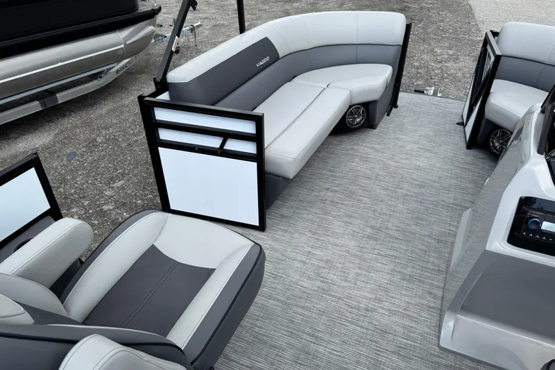 Slide: The Image of 2026 Viaggio Lago V 20 U pontoon boat interior with modern seating and sleek design. - 23