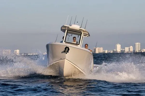 Slide: The Image of 2026 Sailfish 252 CC boat navigating ocean waves near city skyline. - 11