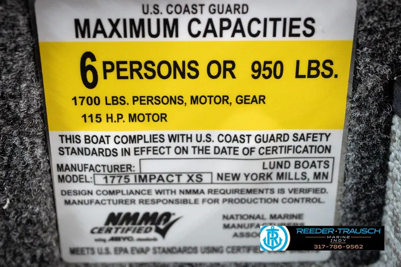Slide: The Image of U.S. Coast Guard capacity label for 2026 Lund 1775 Impact XS boat, 6 persons, 950 lbs. - 70