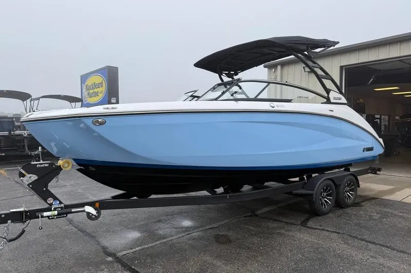 Slide: The Image of 2026 Yamaha Boats 252SD in light blue on trailer at BlackBeard Marine dealership. - 3