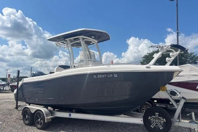 Slide: The Image of 2022 Robalo R222 Explorer boat on trailer under a cloudy sky. - 2