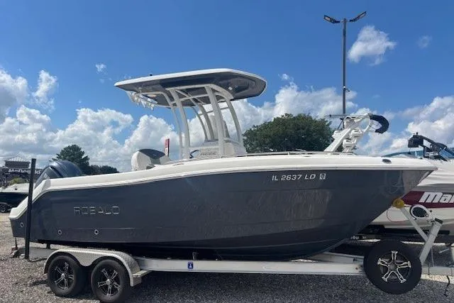 Slide: The Image of 2022 Robalo R222 Explorer boat on trailer under blue sky. - 3